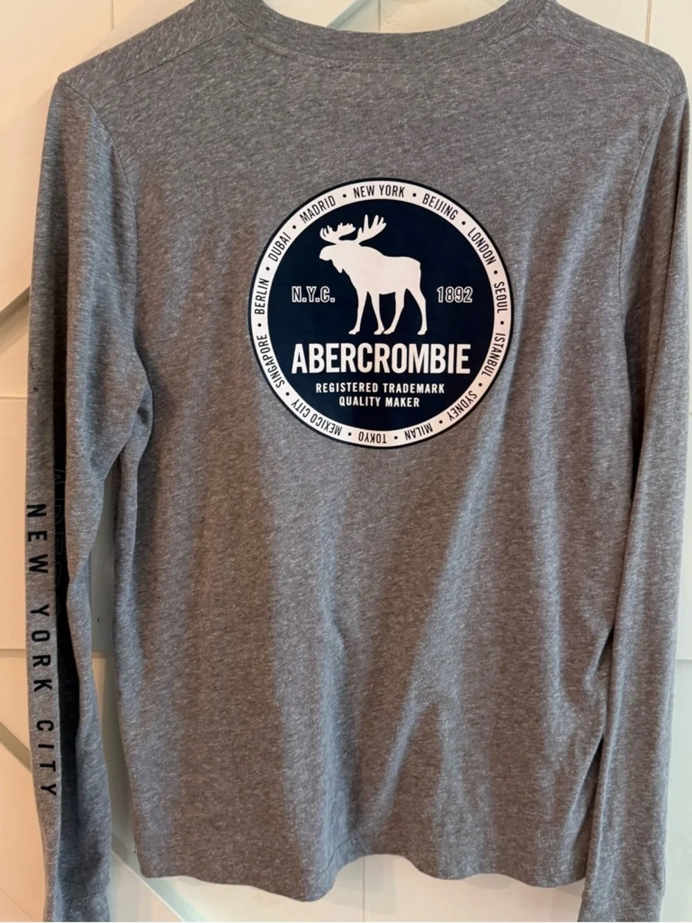 Abercrombie Kids Boys Gray Logo Long Sleeve Tee Shirt Casual Basic Size 13/14